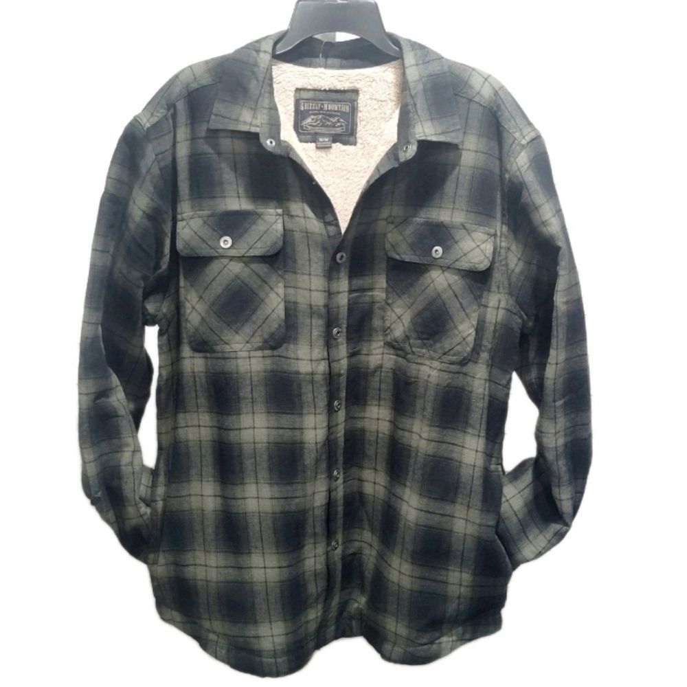 Grizzly Mountain Sherpa Lined Men's M Flannel Shirt Jacket Shacket Green Plaid